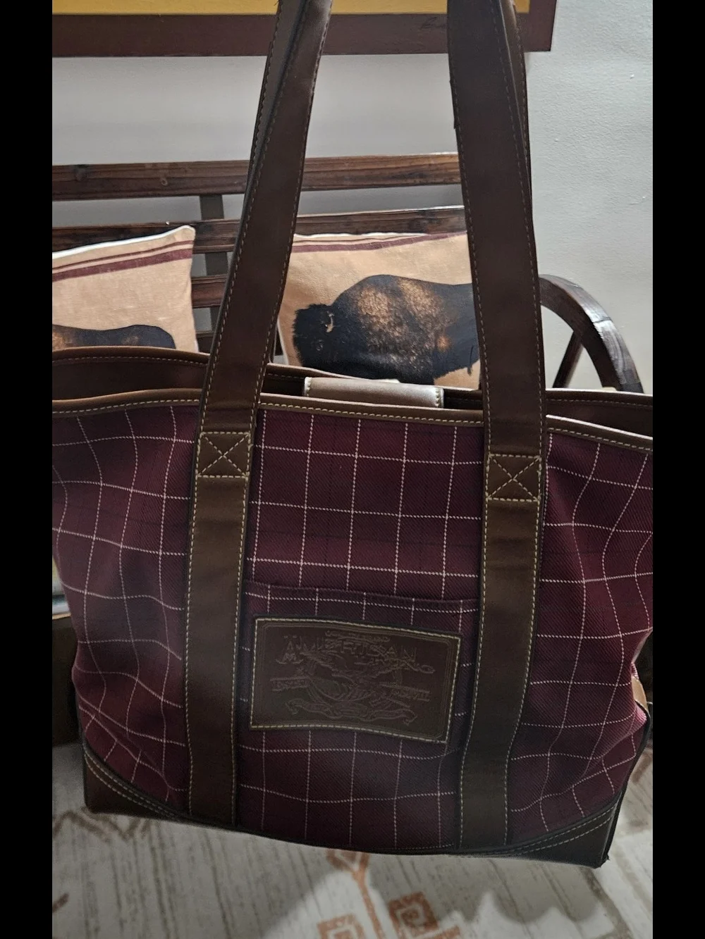 Womens American Living Maroon Checked Tote Bag with Brown Leather Trim Classic